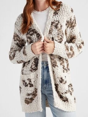 Bobeau Cozy Leopard Print Cream and Brown Open-Front Cardigan Sweater